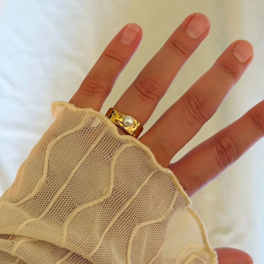 Gold Pearl Wide Band Statement Ring